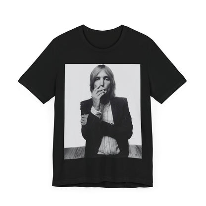 A black graphic t-shirt featuring a black and white graphic or photo of Tom Petty as a Southern rock icon.
