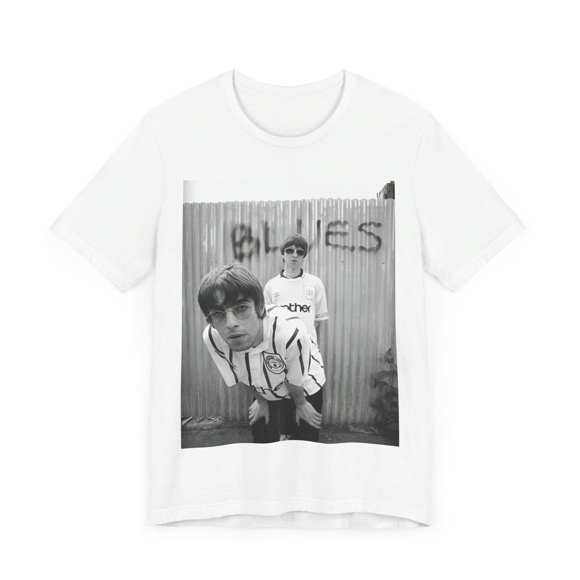 A black graphic t-shirt featuring a graphic of Liam and Noel Gallagher from Oasis, showing their support for Manchester City.