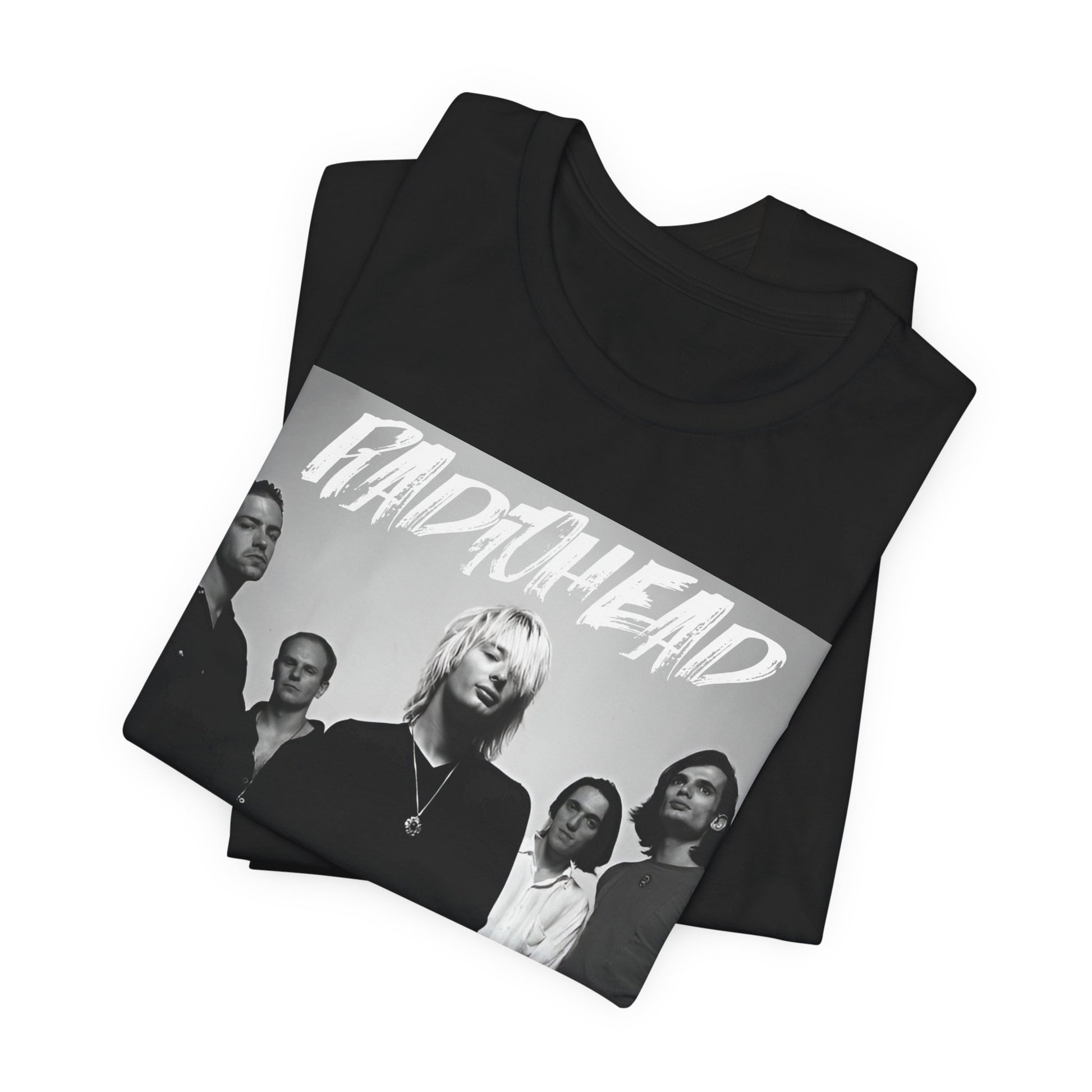 A black graphic t-shirt featuring a retro graphic related to Radiohead's 'OK Computer' album era.
