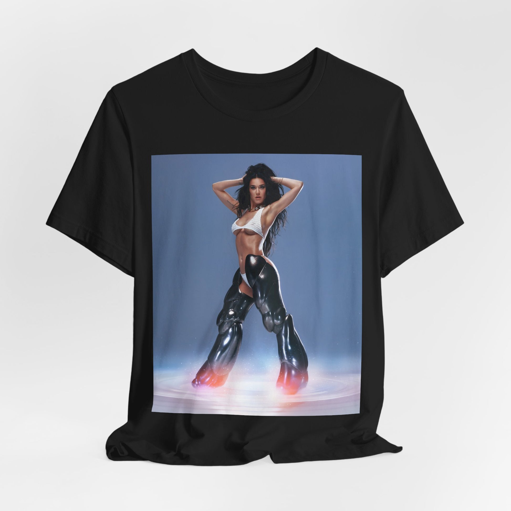 A black graphic t-shirt featuring a graphic of Katy Perry as a pop diva.