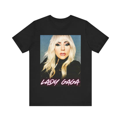A black graphic t-shirt featuring a casual pop fan graphic of Lady Gaga.