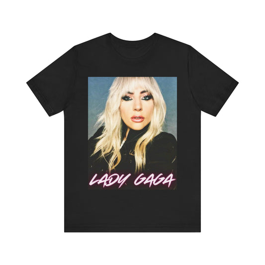 A black graphic t-shirt featuring a casual pop fan graphic of Lady Gaga.