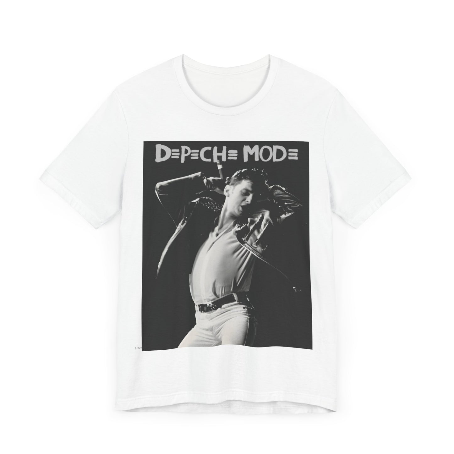 A black graphic t-shirt featuring a black and white graphic or photo of Depeche Mode performing live on stage.