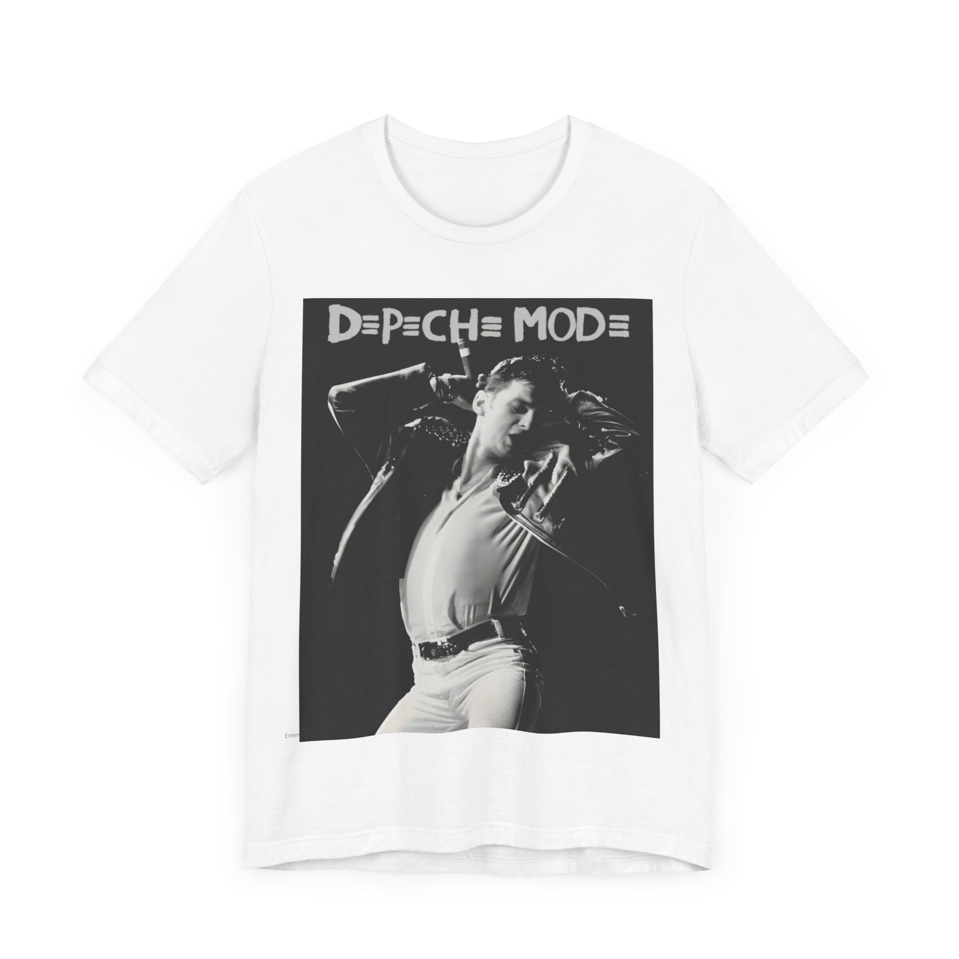 A black graphic t-shirt featuring a black and white graphic or photo of Depeche Mode performing live on stage.