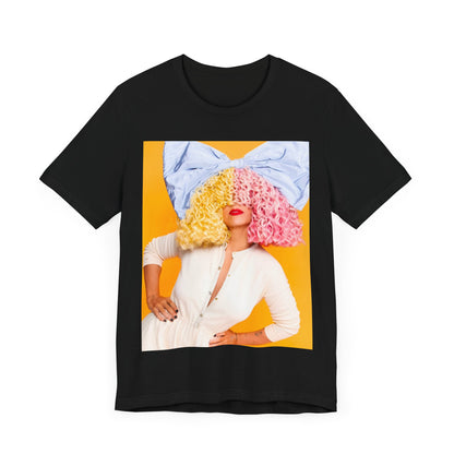A black graphic t-shirt featuring a chill indie pop graphic of Sia.