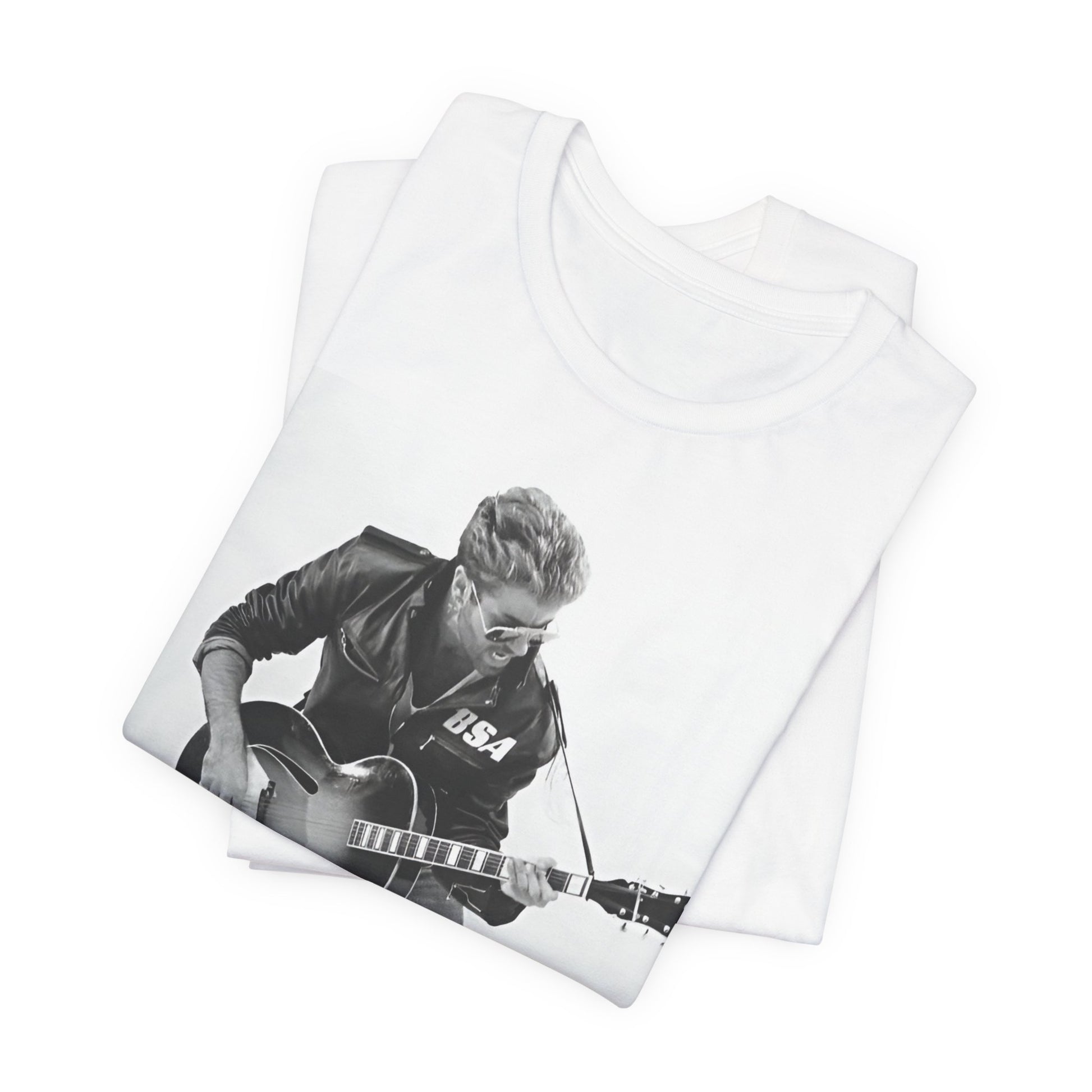 A black graphic t-shirt featuring a graphic of George Michael with a guitar.