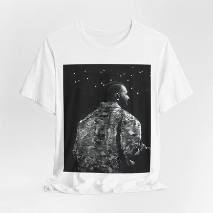 A black graphic t-shirt featuring a black and white graphic or photo of Drake performing live on stage.