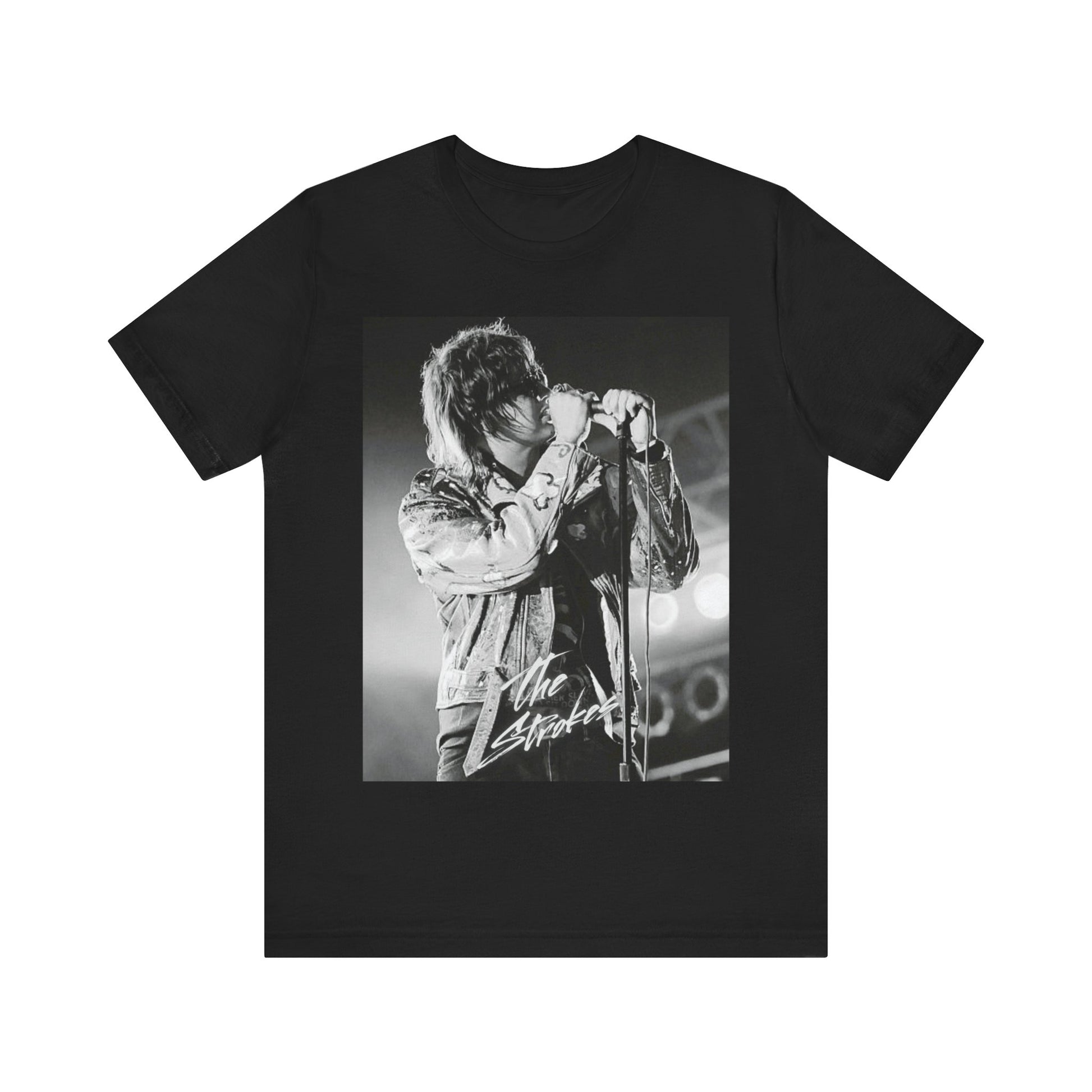A black graphic t-shirt featuring a vintage graphic related to The Strokes' 'Last Nite' song or era.