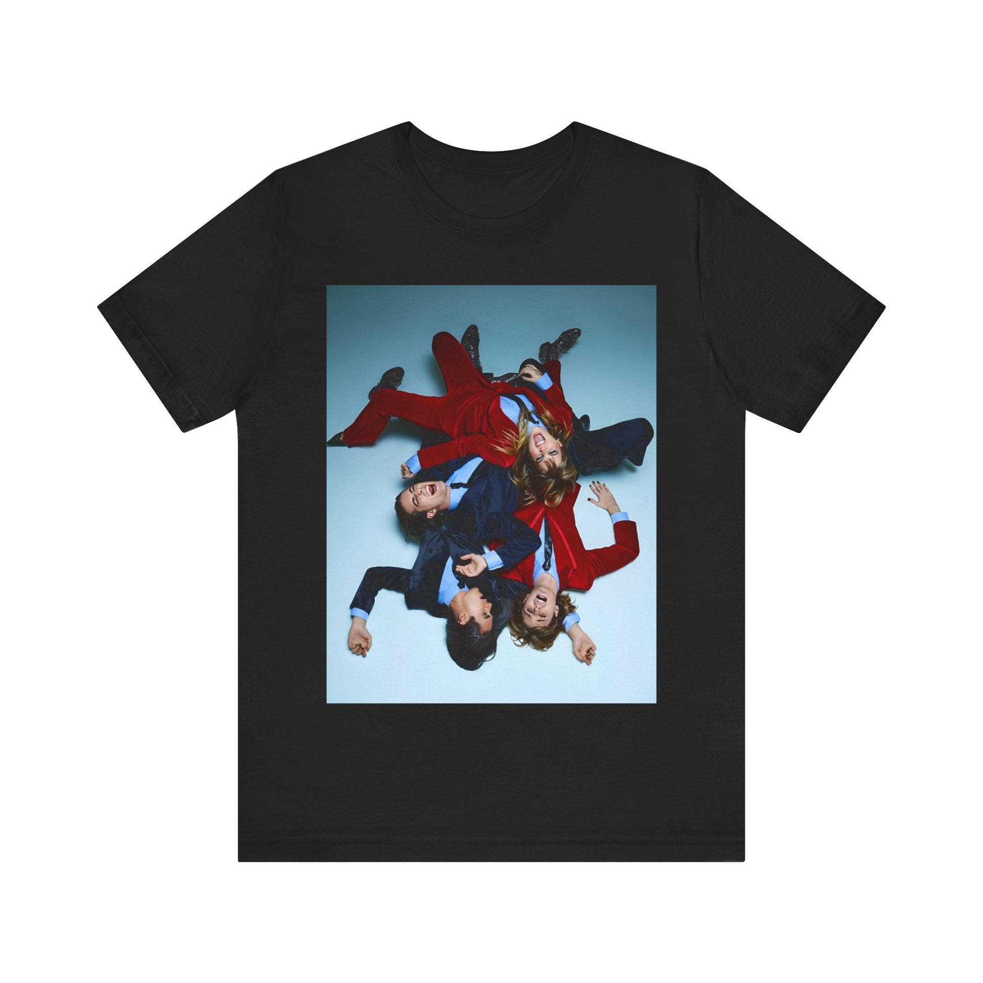A black graphic t-shirt featuring a graphic of Maneskin in a 70s rock style aesthetic.