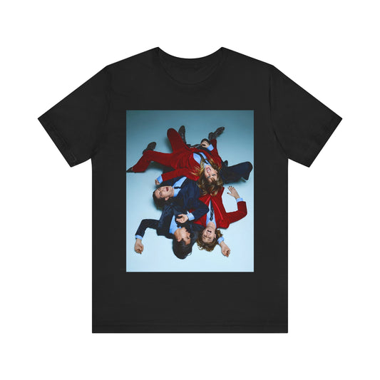 A black graphic t-shirt featuring a graphic of Maneskin in a 70s rock style aesthetic.