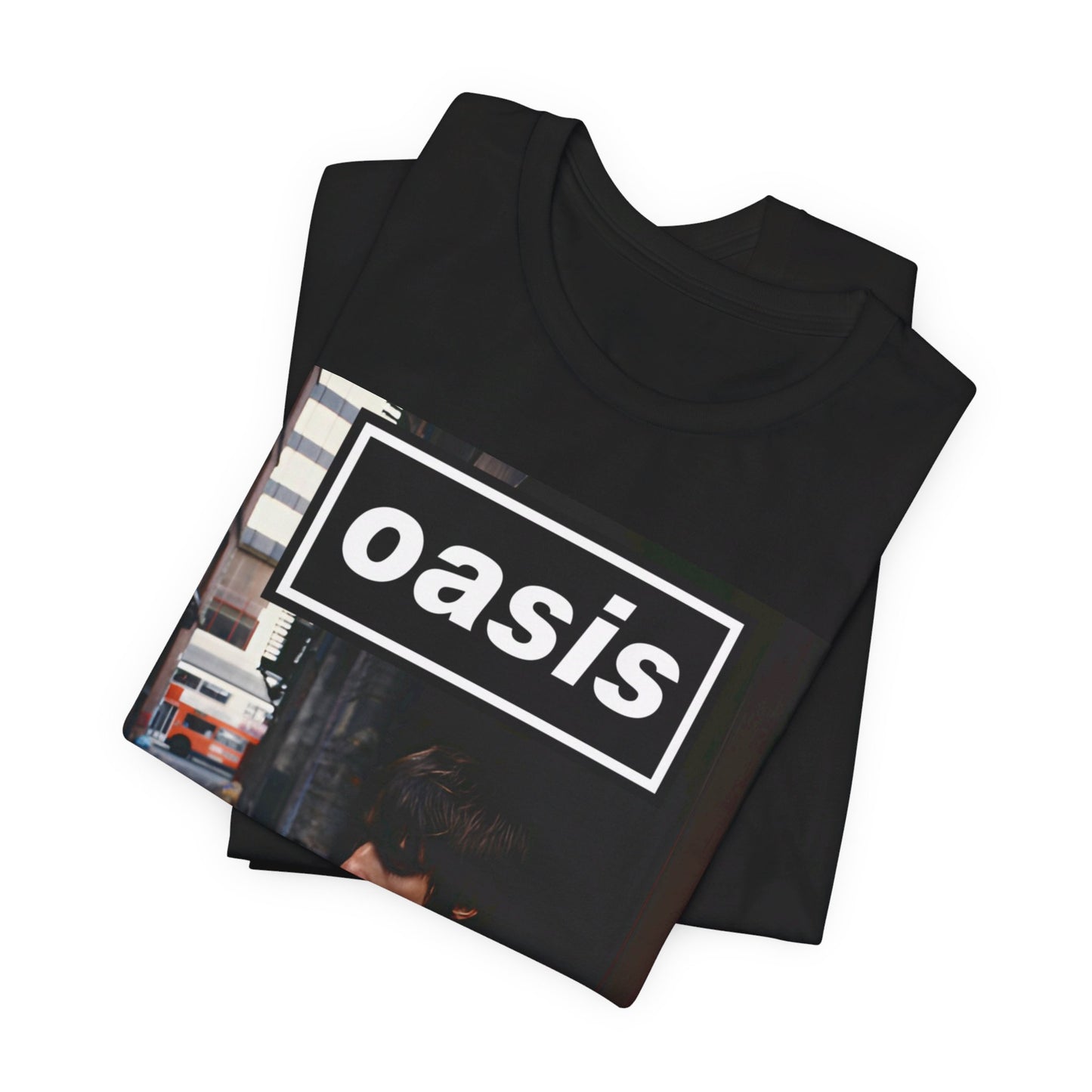 A black graphic t-shirt featuring a classic 90s rock and roll graphic of Oasis.