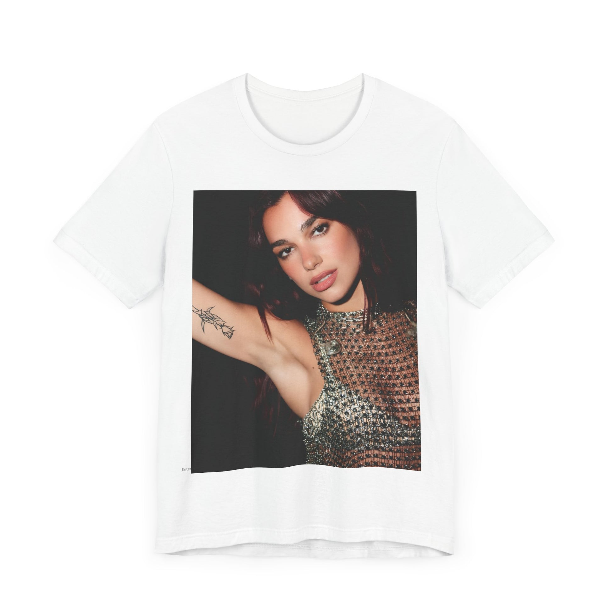 A black graphic t-shirt featuring a retro graphic inspired by Dua Lipa's "Don't Start Now" song.