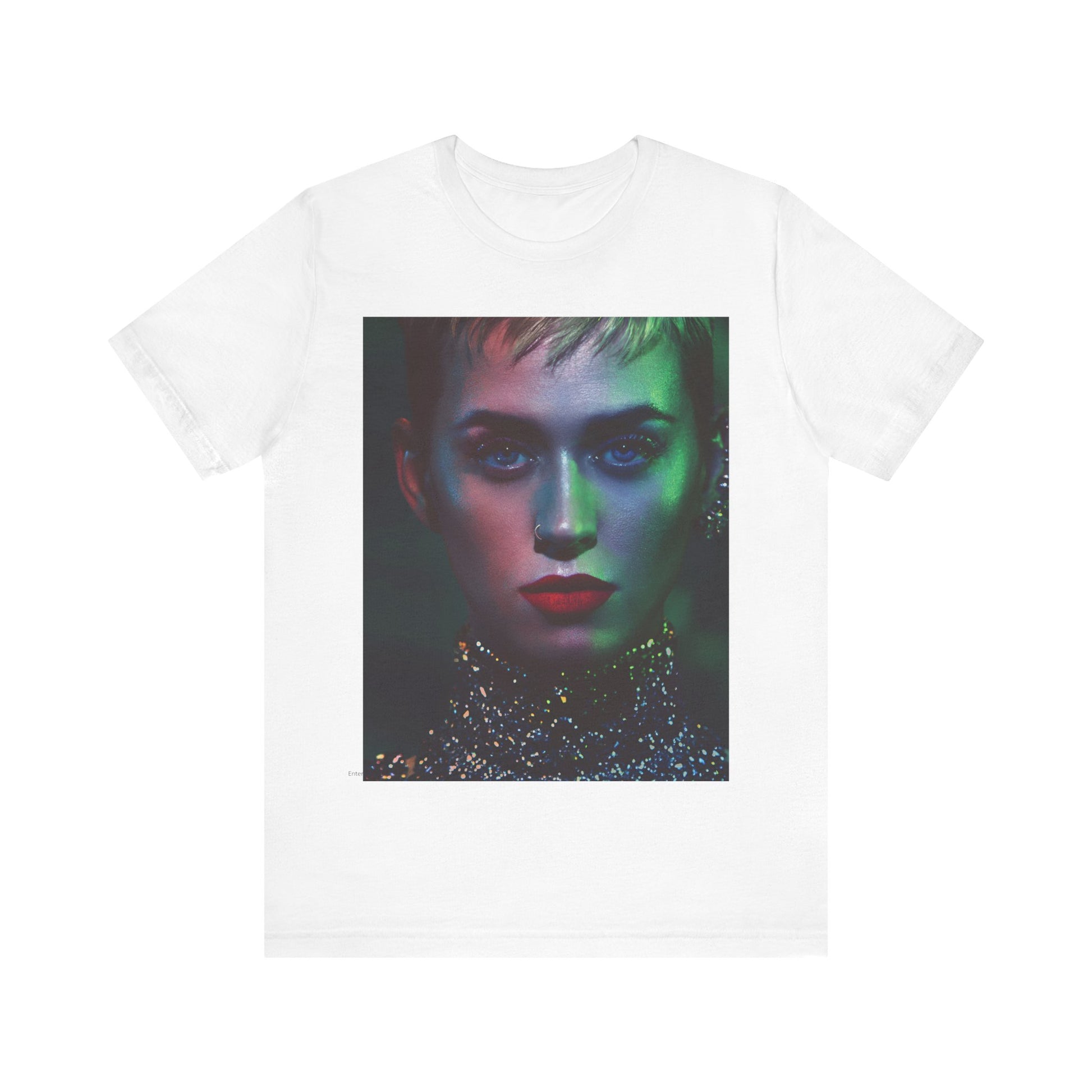 A black graphic t-shirt featuring a neon aesthetic graphic of Katy Perry.