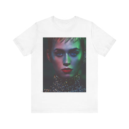 A black graphic t-shirt featuring a neon aesthetic graphic of Katy Perry.