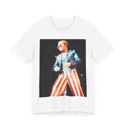 A black graphic t-shirt featuring a graphic related to Elton John's 70s America tour.