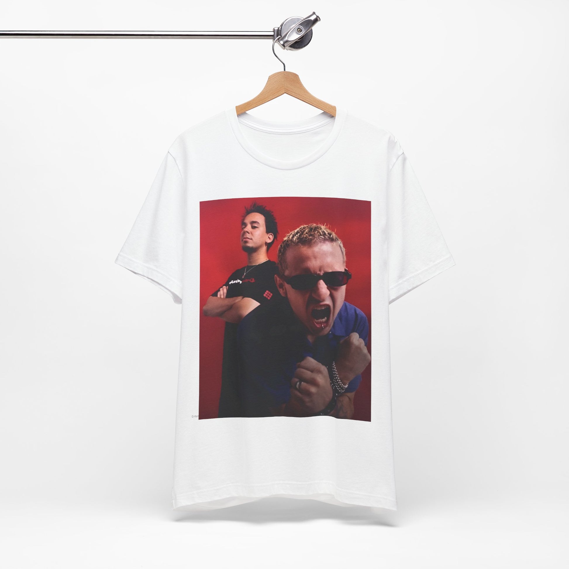 A black graphic t-shirt featuring a 2000s alt-rock aesthetic graphic of Linkin Park.