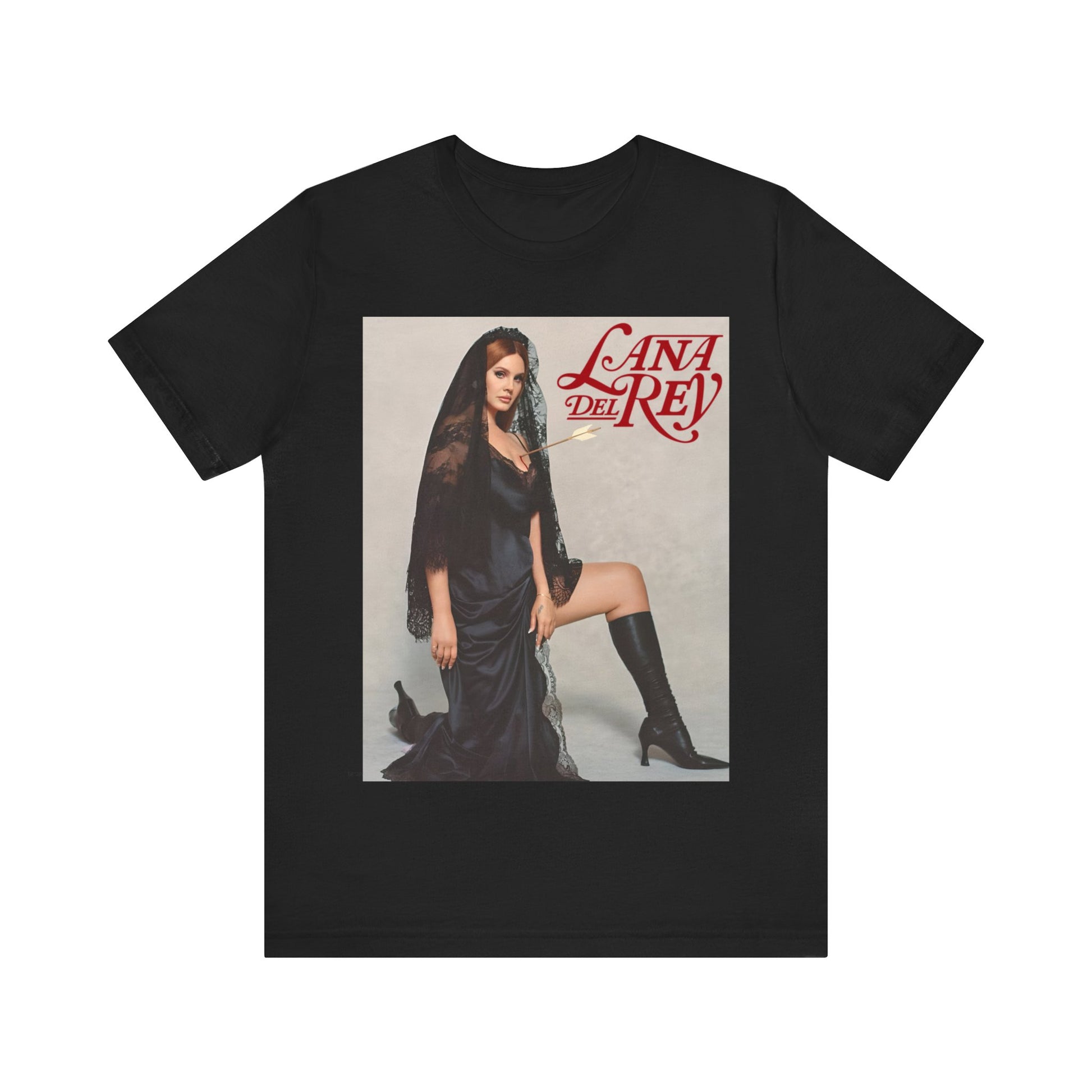 Lana Del Rey kneeling in a black dress and a black lace veil while holding a lit match, printed on a graphic t-shirt.