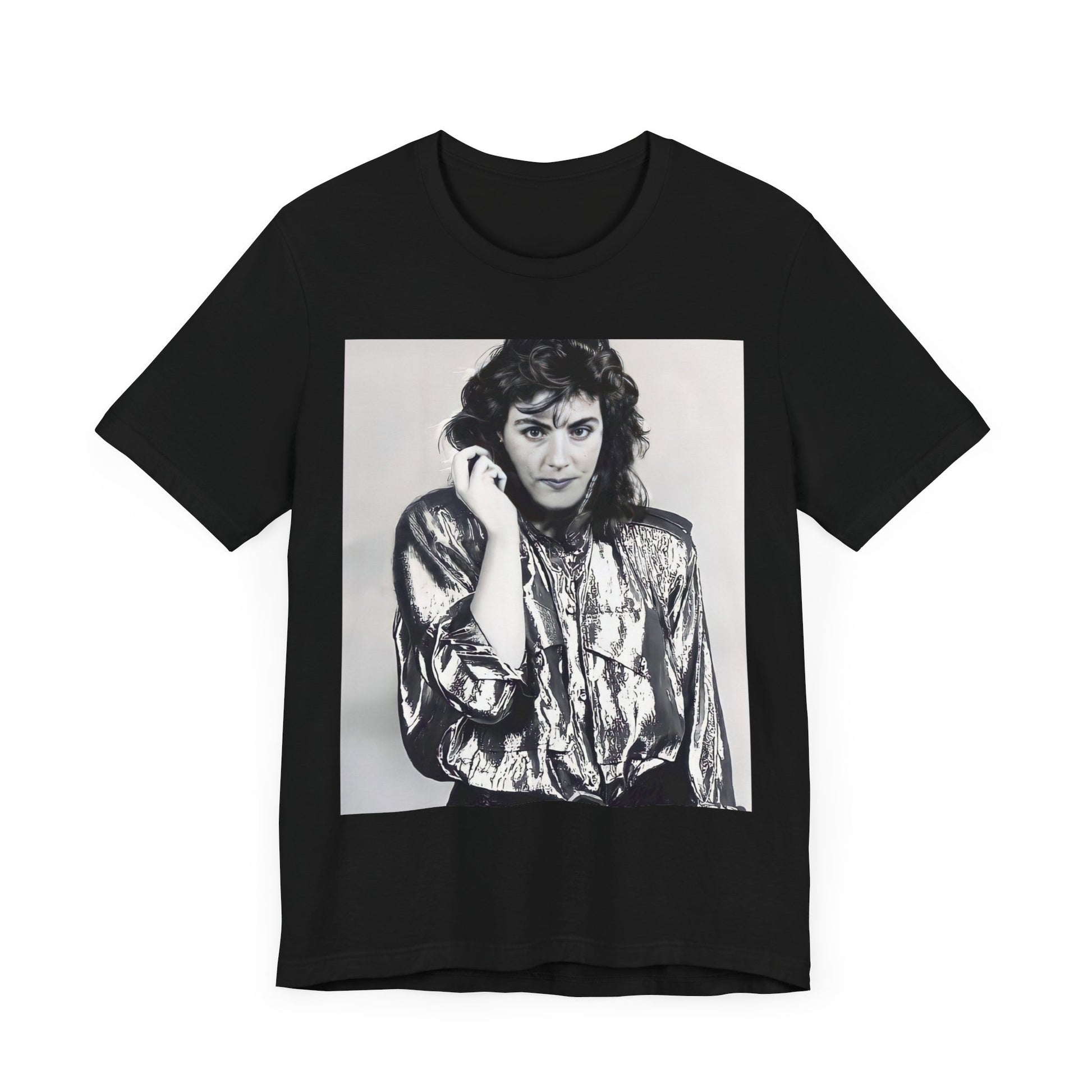 A black graphic t-shirt featuring a retro graphic related to Laura Branigan's 'Gloria' song or era.