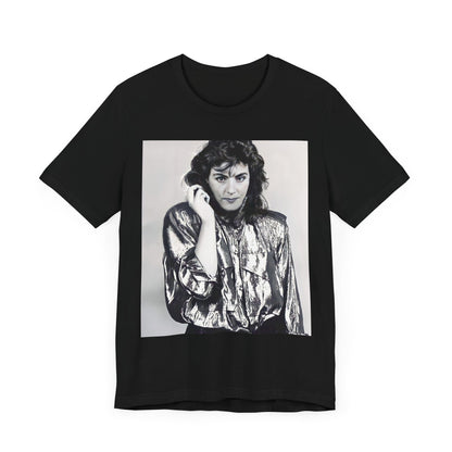 A black graphic t-shirt featuring a retro graphic related to Laura Branigan's 'Gloria' song or era.