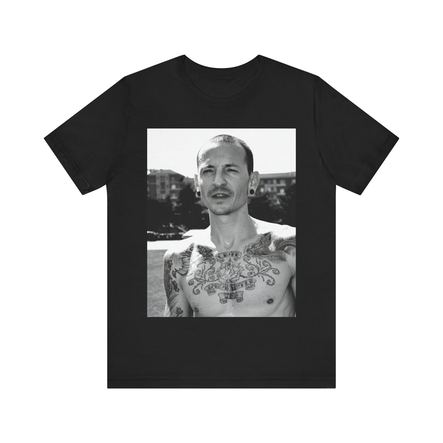 A black graphic t-shirt featuring a black and white graphic or photo portrait of Chester Bennington from Linkin Park.