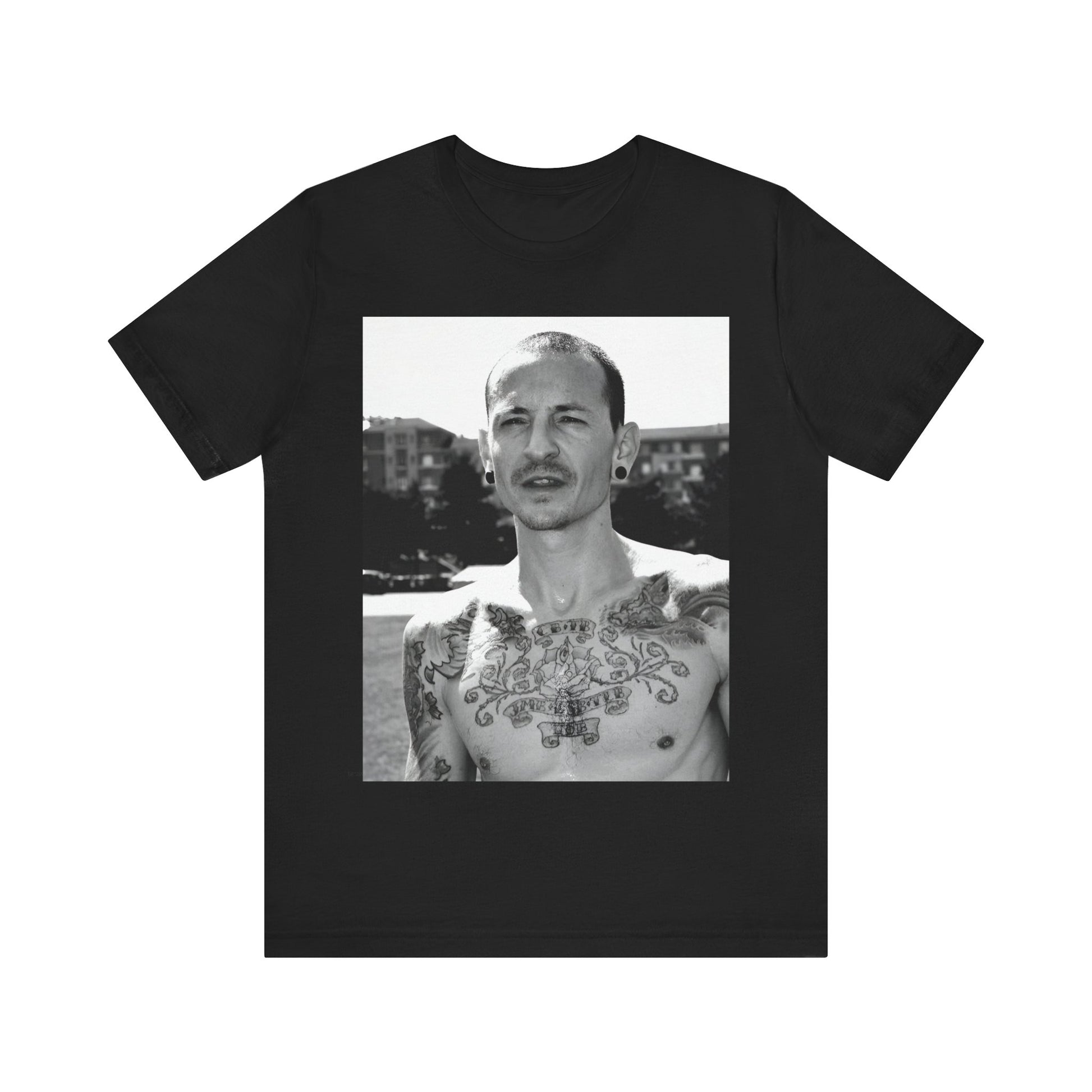 A black graphic t-shirt featuring a black and white graphic or photo portrait of Chester Bennington from Linkin Park.