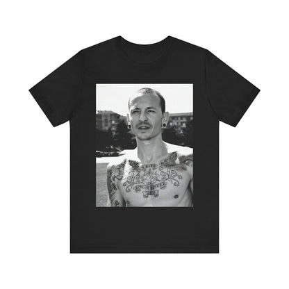 A black graphic t-shirt featuring a black and white graphic or photo portrait of Chester Bennington from Linkin Park.