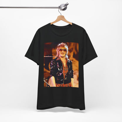 A black graphic t-shirt featuring a graphic related to Rod Stewart's 'Gasoline Alley' album era.