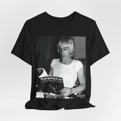 A black graphic t-shirt featuring a 70s classic photo of Iggy Pop and The Stooges.
