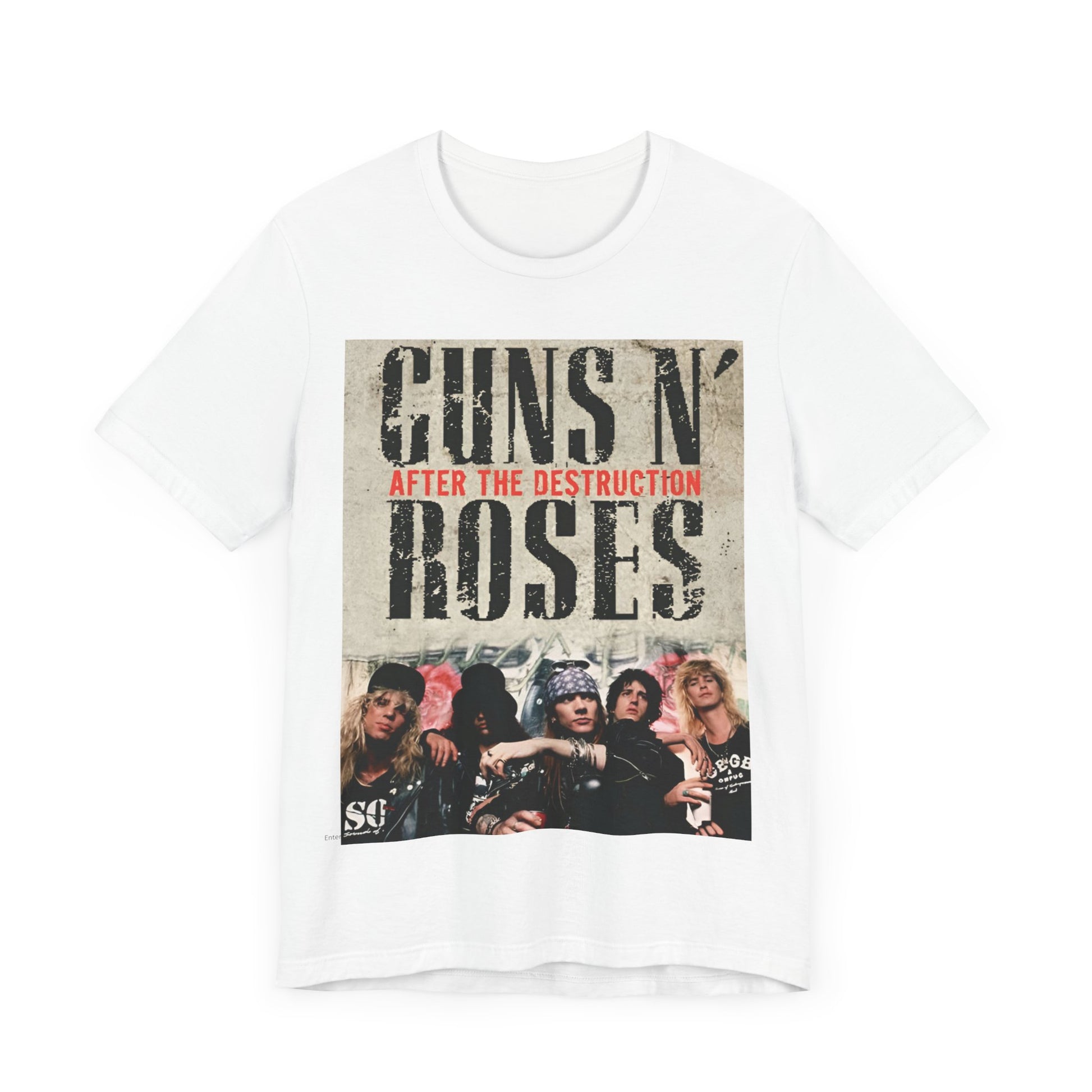 A black graphic t-shirt featuring a graphic related to Guns N' Roses, with a theme of 'after the destruction'.