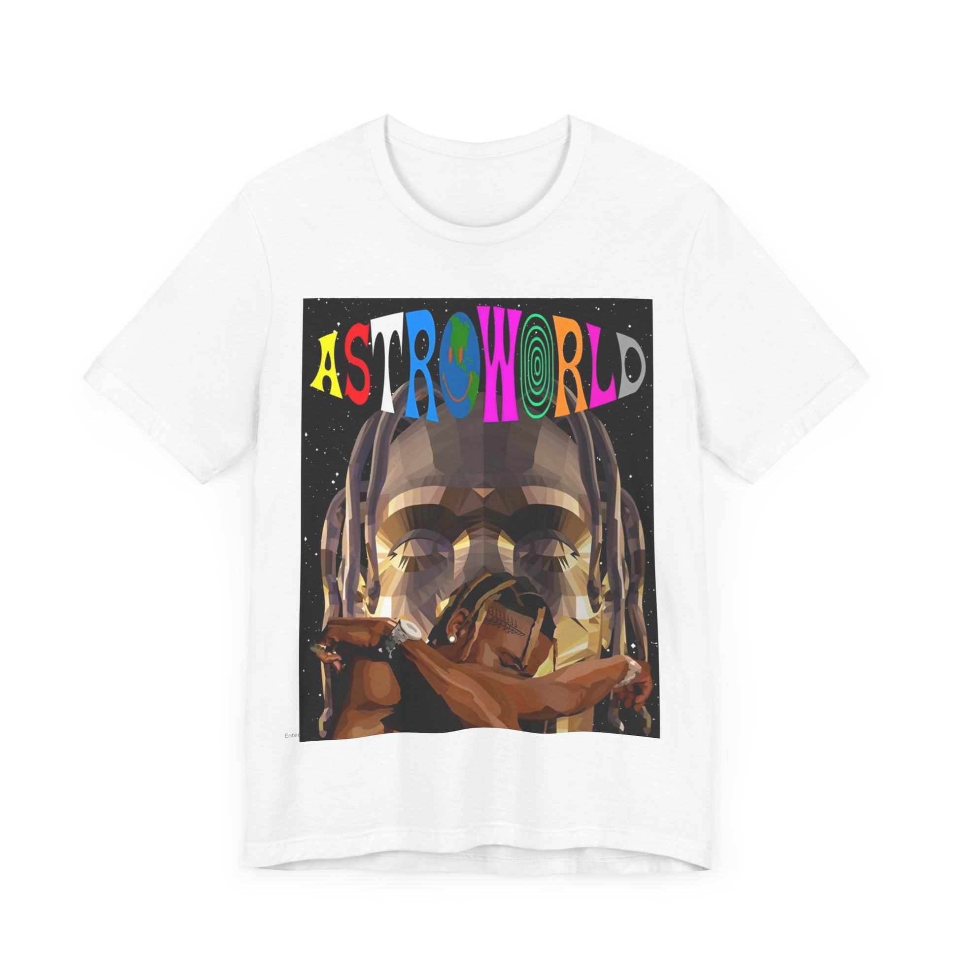 A black graphic t-shirt featuring a graphic related to Travis Scott's Astroworld album era.