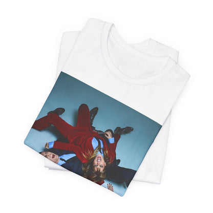 A black graphic t-shirt featuring a graphic of Maneskin in a 70s rock style aesthetic.