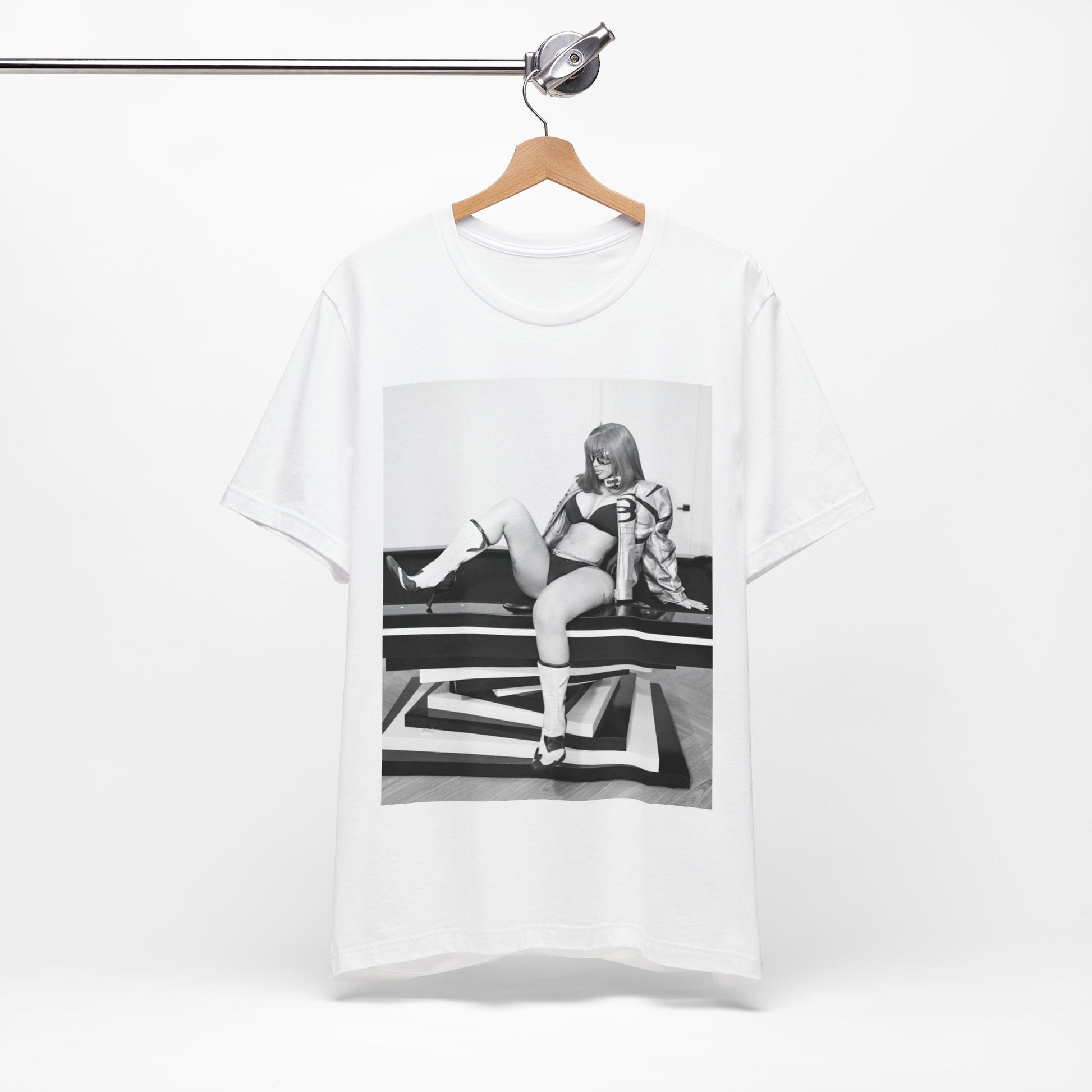 A black graphic t-shirt featuring an artistic or aesthetic graphic of Cardi B in a hip hop style.