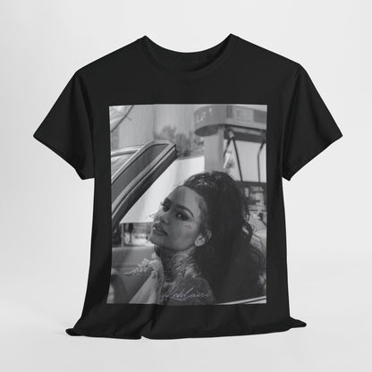 A black graphic t-shirt featuring a black and white retro photo or graphic of Kehlani.