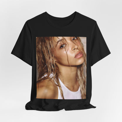 A black graphic t-shirt featuring a nostalgic indie R&B vibes graphic of Tinashe.