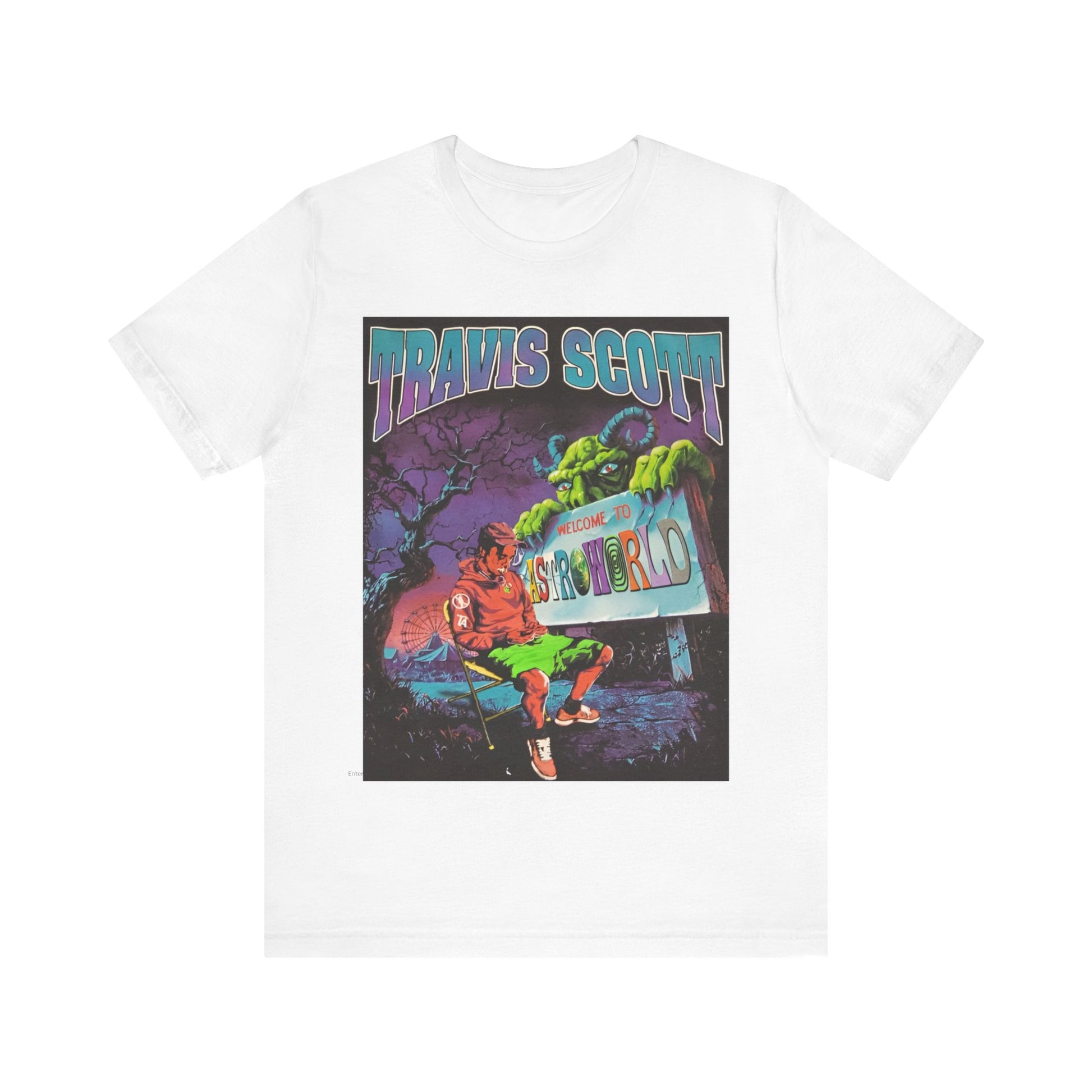 A black graphic t-shirt featuring a vintage graphic related to Travis Scott's Astroworld album.