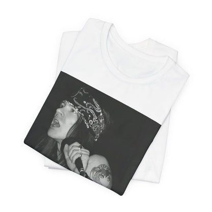 A black graphic t-shirt featuring a black and white portrait photo of the band Guns N' Roses.