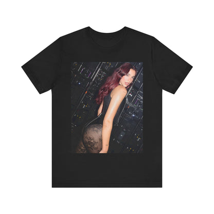 A black graphic t-shirt featuring a graphic related to Dua Lipa's "Houdini" new era.