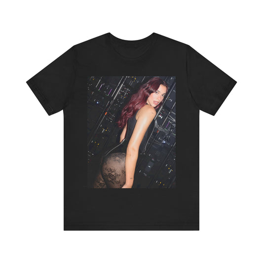 A black graphic t-shirt featuring a graphic related to Dua Lipa's "Houdini" new era.