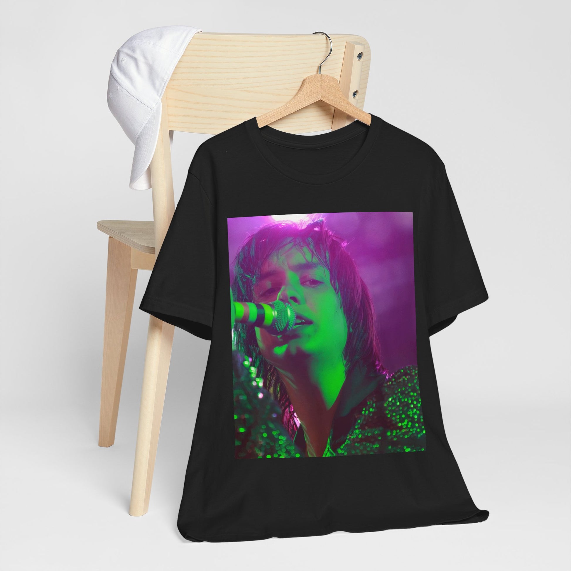 A black graphic t-shirt featuring a graphic related to The Strokes and the early 2000s rock revival.