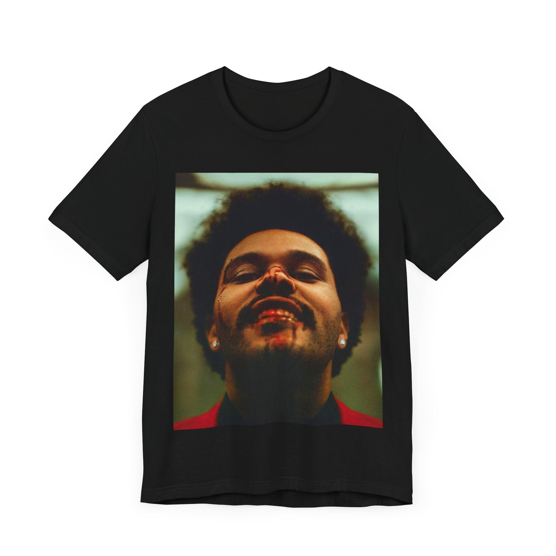 A black graphic t-shirt featuring the album cover art for The Weeknd's 'After Hours'.