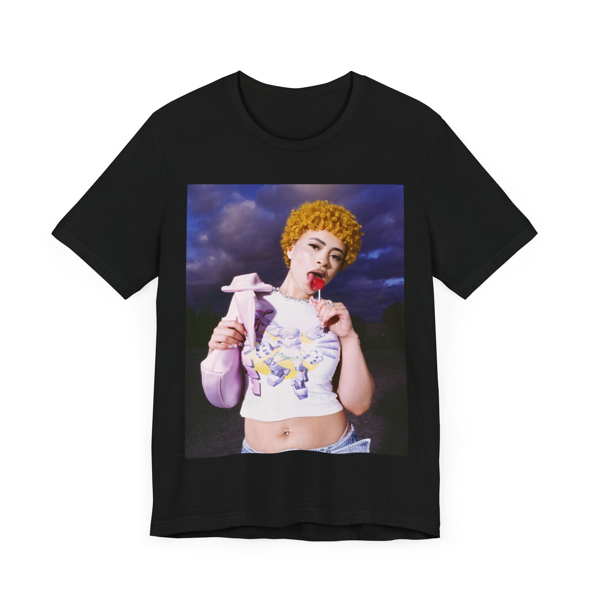 A black graphic t-shirt featuring a boxy rap graphic of Ice Spice with Bronx style elements.