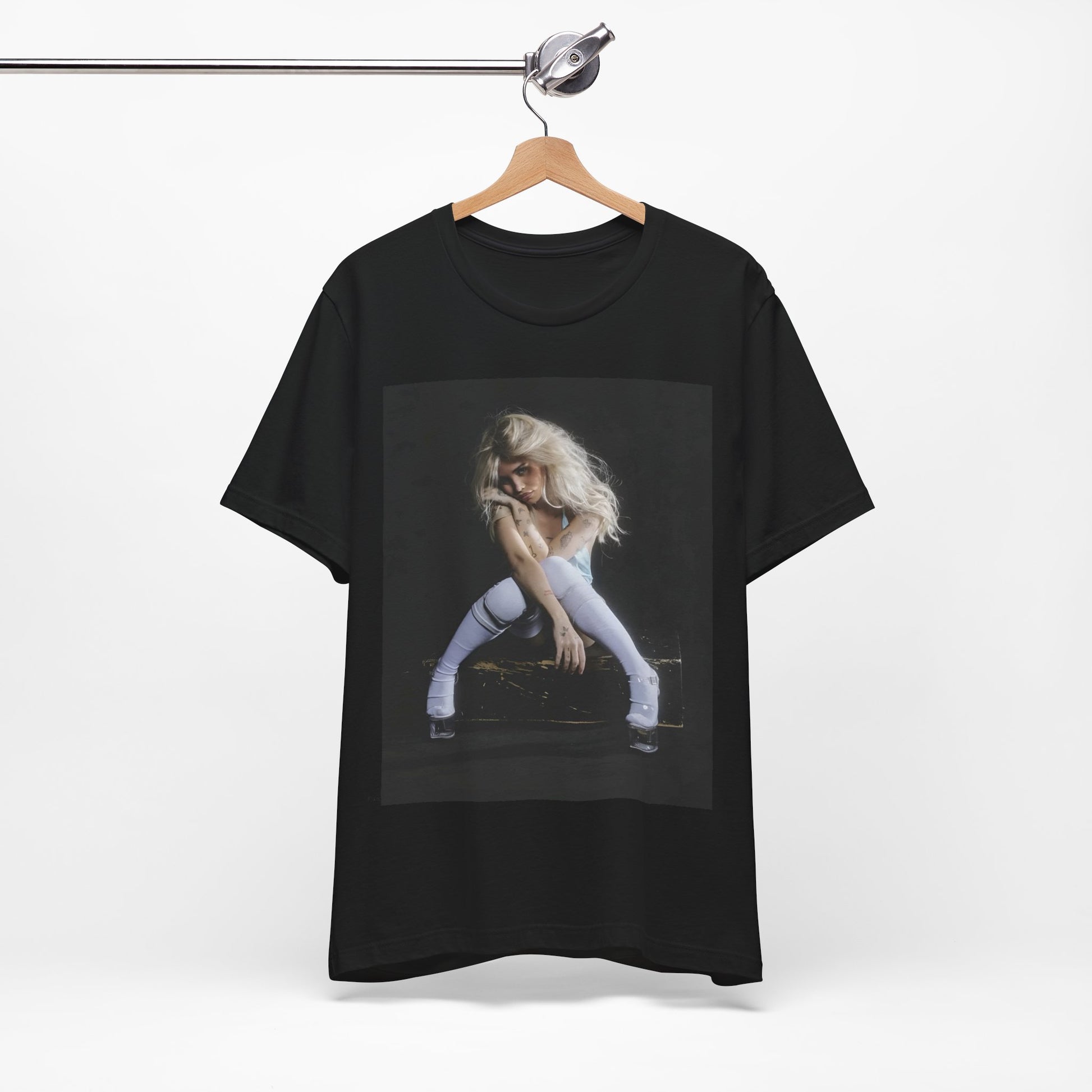 A black graphic t-shirt featuring a graphic of Nessa Barrett with dark pop vibes aesthetic.