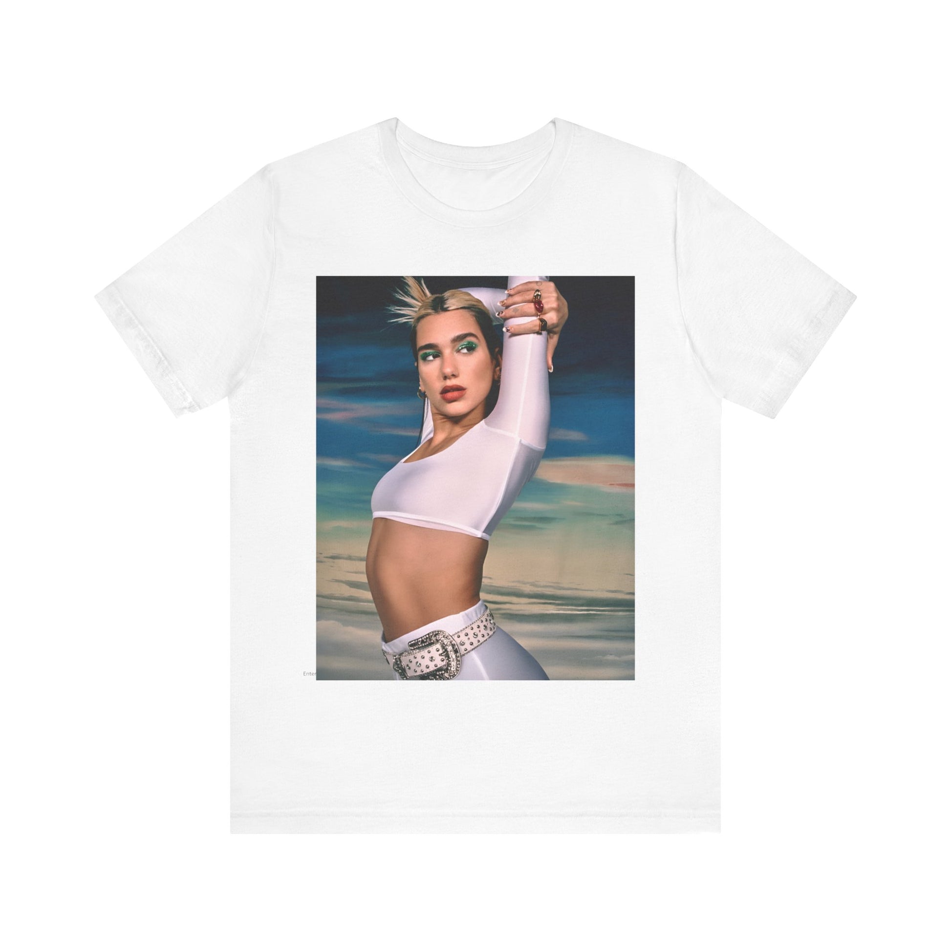 A black graphic t-shirt featuring a stylized graphic of Dua Lipa as a modern pop sensation.
