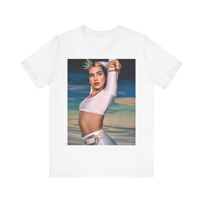 A black graphic t-shirt featuring a stylized graphic of Dua Lipa as a modern pop sensation.