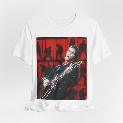 A black graphic t-shirt featuring a vintage photo of Elvis Presley from his Las Vegas residency.
