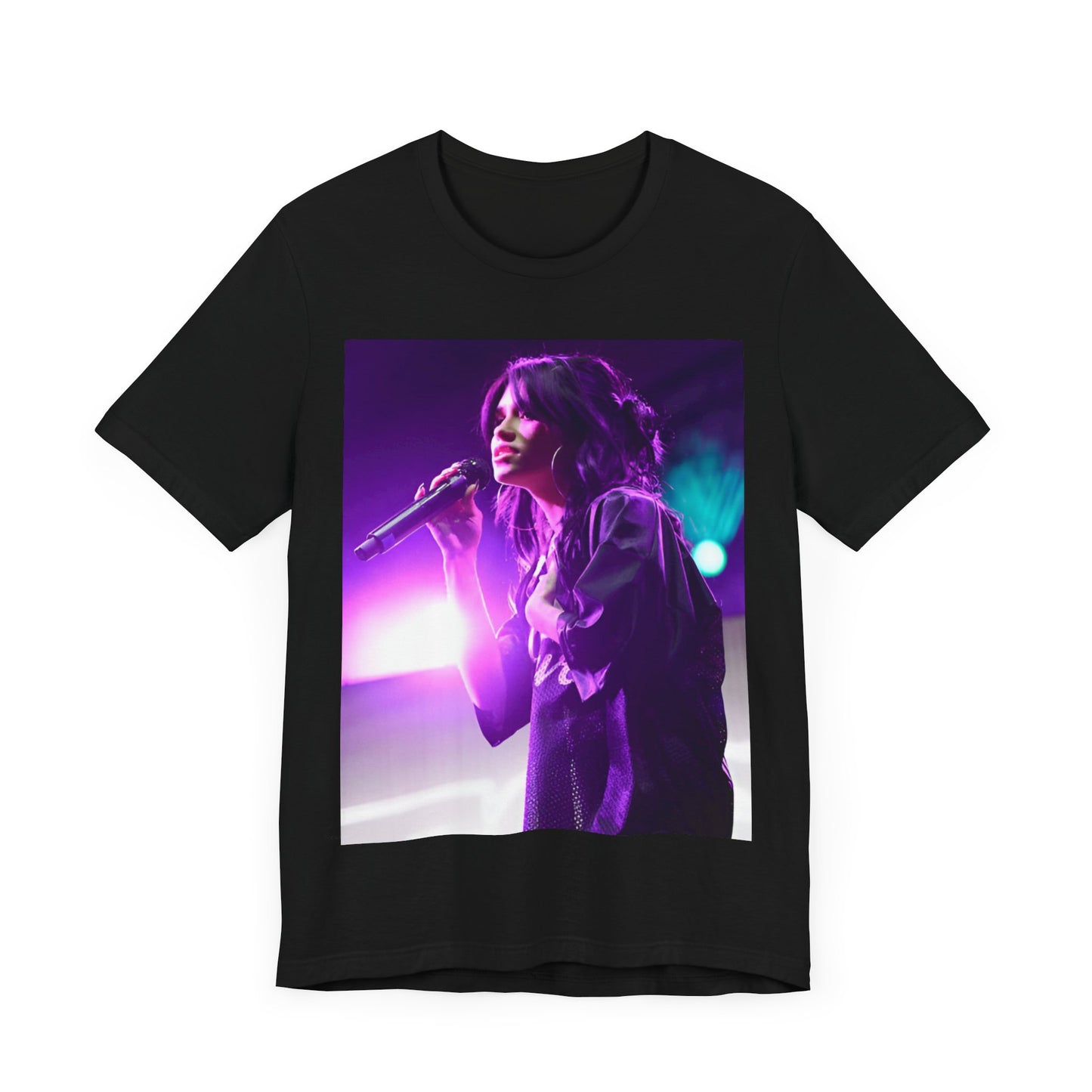 A black graphic t-shirt featuring a graphic or photo of Nessa Barrett performing live on stage.