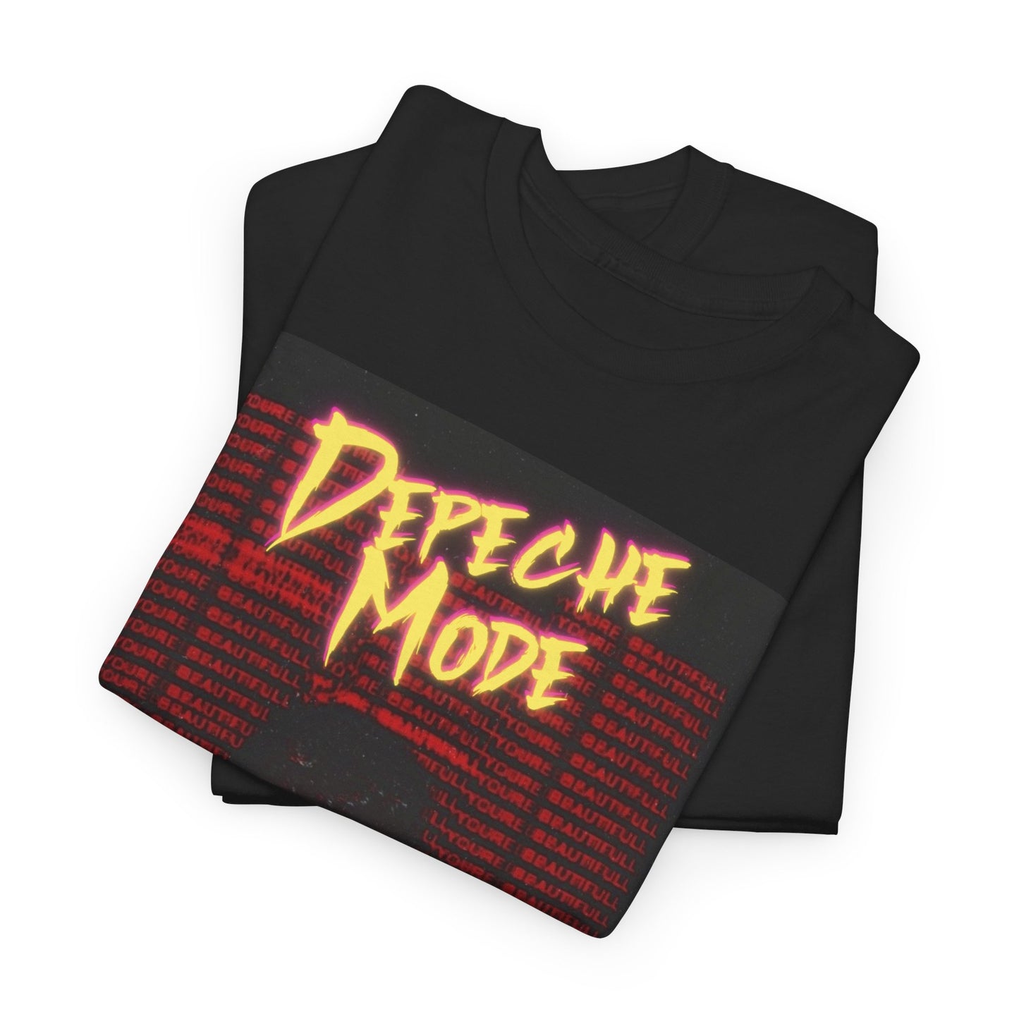 A black graphic t-shirt featuring a stylized graphic of Depeche Mode with an aesthetic design.