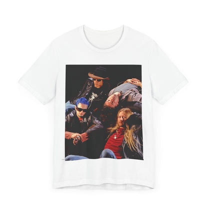 A black graphic t-shirt featuring a 90s grunge rock band graphic for Alice In Chains, possibly with band members or stylized elements.