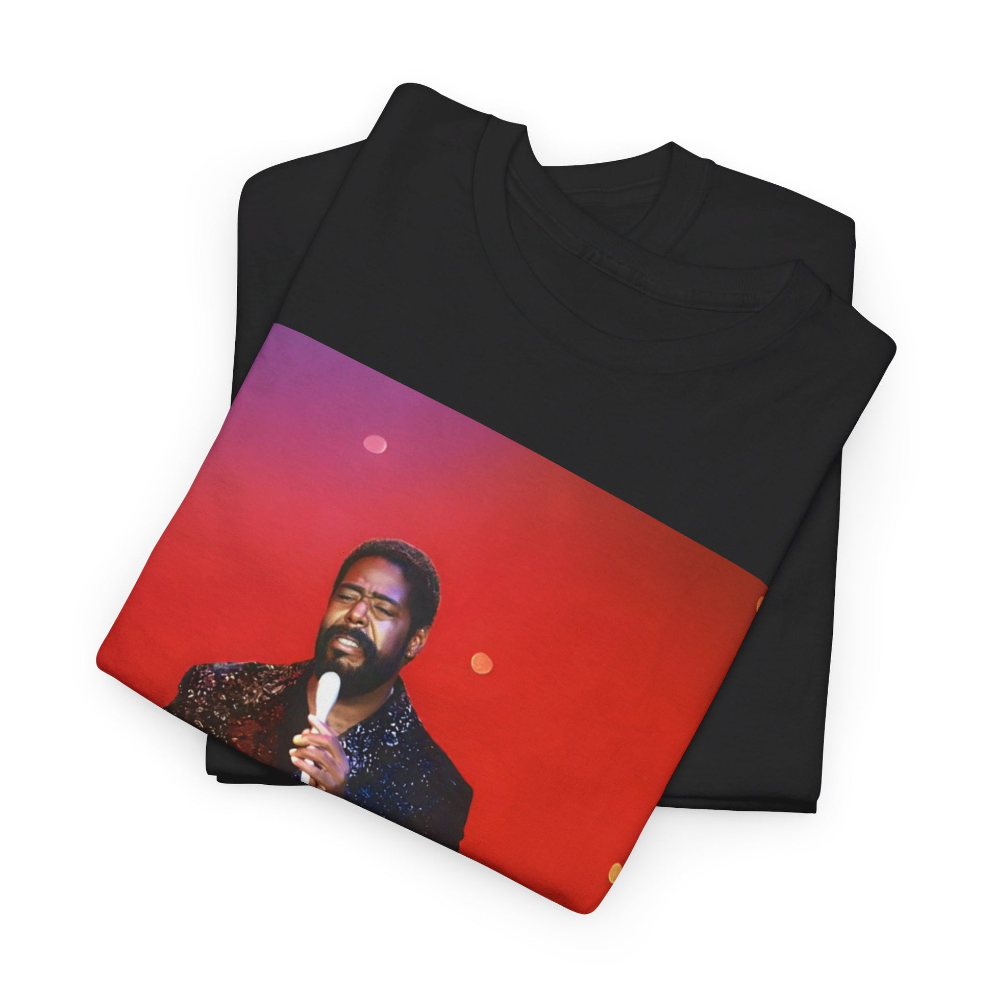 A black graphic t-shirt featuring a vintage graphic or photo of Barry White performing live on stage.