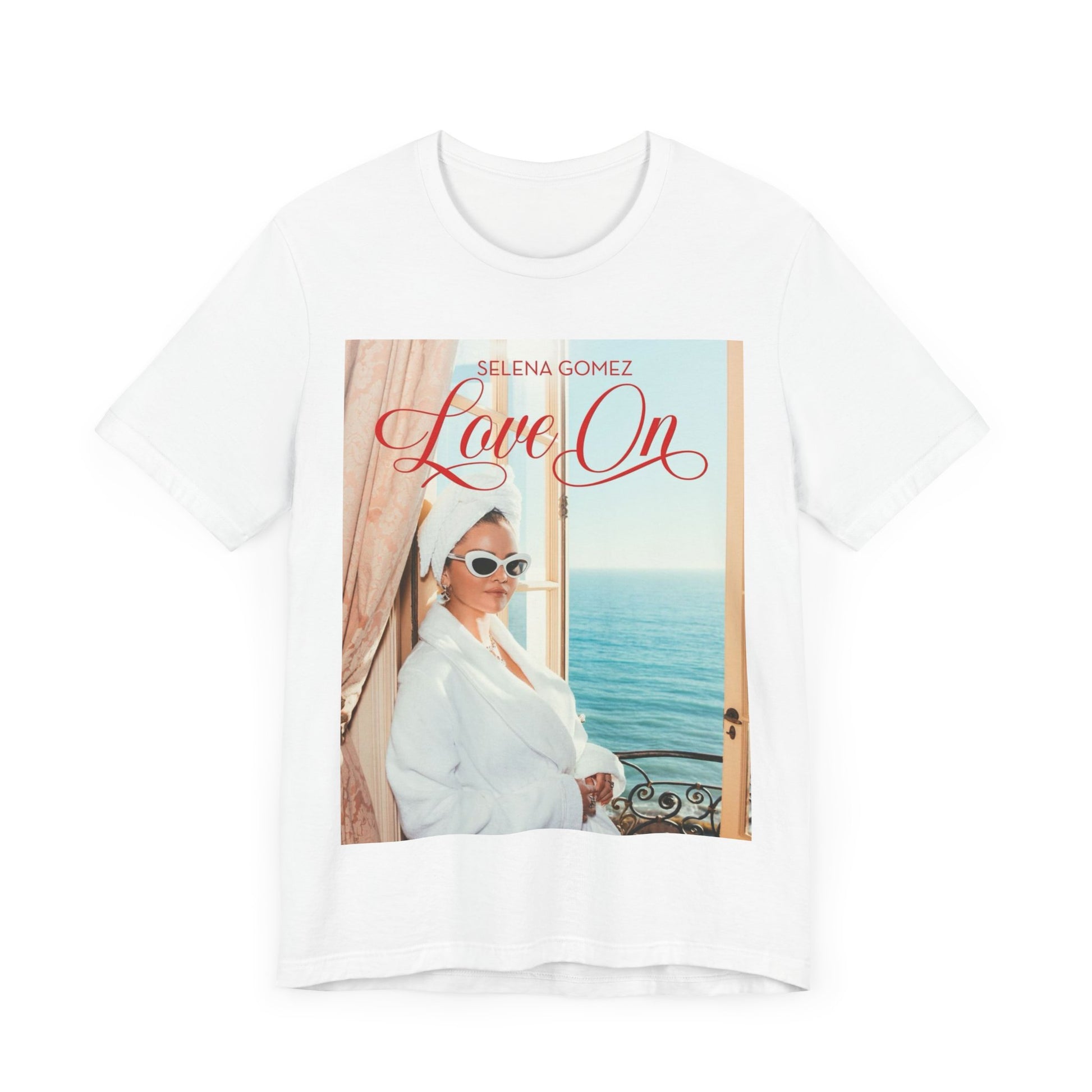 A black graphic t-shirt featuring a graphic related to Selena Gomez's 'Love On' song.